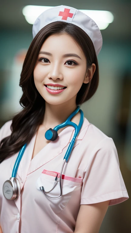 (Ulzzang-6500-v1.1, masterpiece, highest quality:1.3, ultra-detailed 8k:1.2, hyperrealistic:1.35, raw photo:1.2, highest quality, high resolution, wallpaper, realistic, dramatic, realistic painting art by midjourney:1.3, 1 nurse, 28yo, pink nurse uniform, basic nurse cap, pencil skirt:1.3, super beautiful, beautiful skin, beautiful and detailed eyes, detailed face, symmatrical face, perfect style, treatment room in a hospital room, cowboy_shot, ample bosom, very detailed face, double eyelid, snaggle-tooth, brown eyes, short ponytail hair, chest strengthening, emphasize body line, kind smile, beautiful lips, glossy lips, white teeth, bokeh background of the hospital at night, perfect lighting, natural soft light, stethoscope) #Borderland