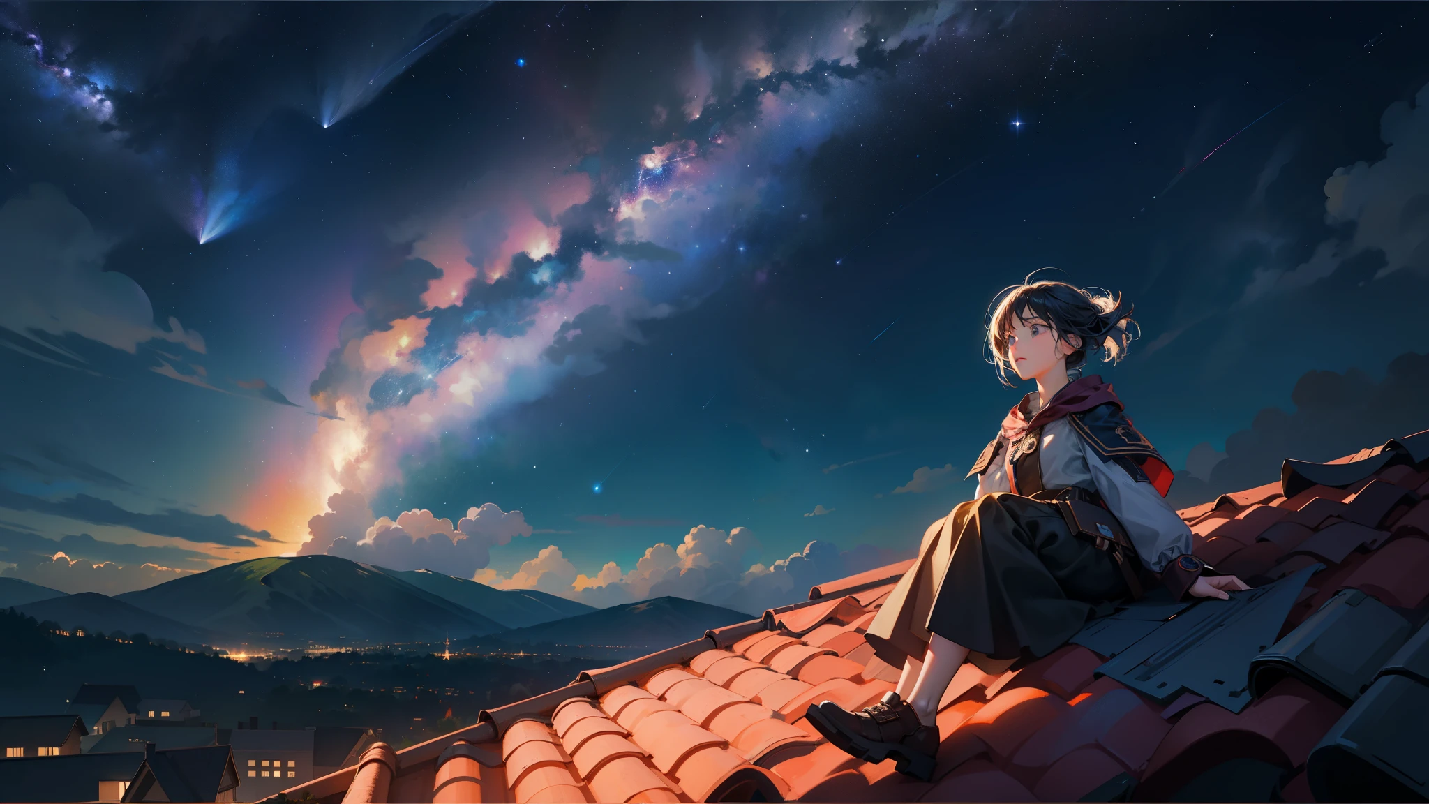 Girl sitting on roof，night，Shining Milky Way（A meteor crosses），Panoramic View，Scenic horizon，Look up at the viewpoint，roof，A breeze in the wind，8K high definition art，Best image quality。