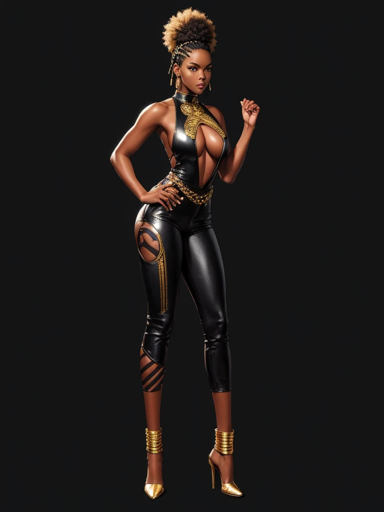 ((best quality)), ((4k)), ((highres)), ((masterpiece:1.2)). ((detailed)), ((ultra realistic)), ((intricate details)), ((full body picture)), ((solo character)), a full body picture of a beautifull Ebony skinned female, black woman, dark skin, perfect face, detailed eyes, detailed lips, about 25 years old, about 5'5 ft. tall, punk black woman, punk style, afro-punk, afro-punk hair style, side shaved hair ((emphasis on her side shaved hair)), side-shaved afro hair style, ((emphasis on her side-shaved afro hair style)), muscular body, hourglass body type, thick and muscular, dressed in a golden top ((emphasis on her gold tank top)), and black leather pants, high heels, fighting game character concept art, tekken character design, the king of fighters character concept, full bofy, full body concept art, full body art