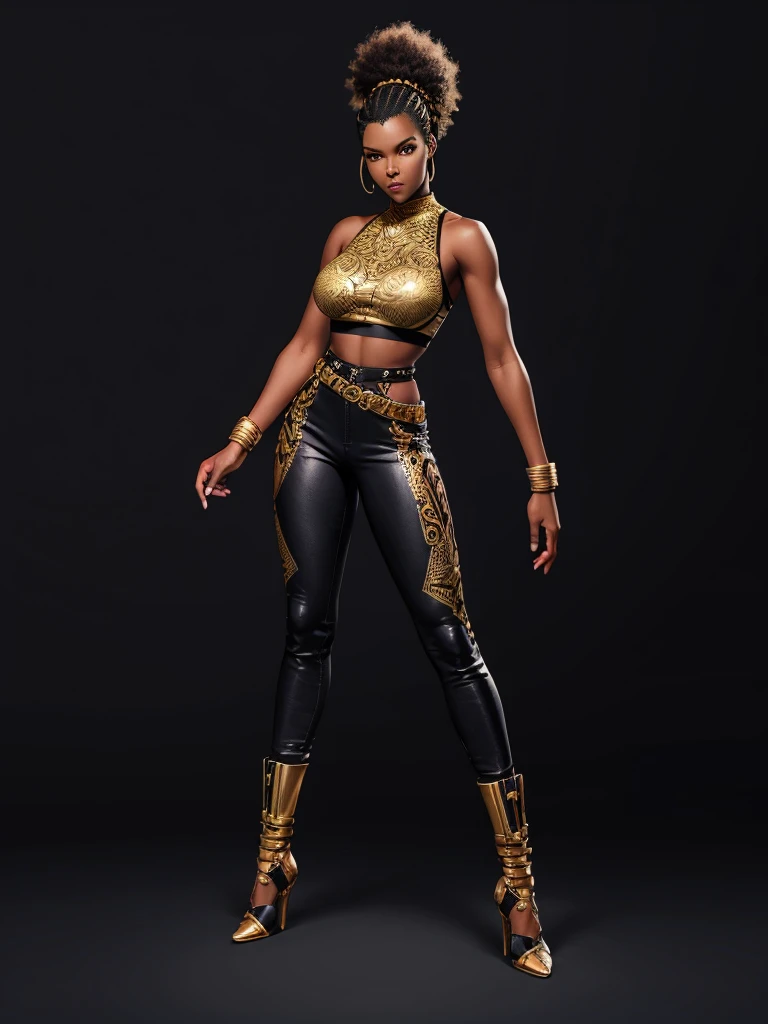 ((best quality)), ((4k)), ((highres)), ((masterpiece:1.2)). ((detailed)), ((ultra realistic)), ((intricate details)), ((full body picture)), ((solo character)), a full body picture of a beautifull Ebony skinned female, black woman, dark skin, perfect face, detailed eyes, detailed lips, about 25 years old, about 5'5 ft. tall, punk black woman, punk style, afro-punk, afro-punk hair style, side shaved hair ((emphasis on her side shaved hair)), side-shaved afro hair style, ((emphasis on her side-shaved afro hair style)), muscular body, hourglass body type, thick and muscular, dressed in a golden top ((emphasis on her gold tank top)), and black leather pants, high heels, fighting game character concept art, tekken character design, the king of fighters character concept, full bofy, full body concept art, full body art