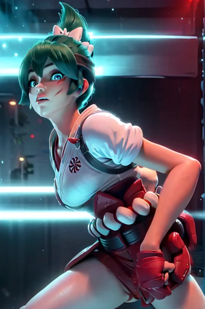 (((Fighting pose))),(((attack pose))), realistic, realism, photorealism, photo-realistic, high contrast, (photorealistic:1.4), 8k high definition detailed realistic, (best quality, masterpiece:1.2), NSFW, photon mapping, radiosity, physically-based rendering, best quality, highly detailed, 1girl, owkiriko, green hair:0.6, looks at the viewer, red dress, ((glowing eyes)),