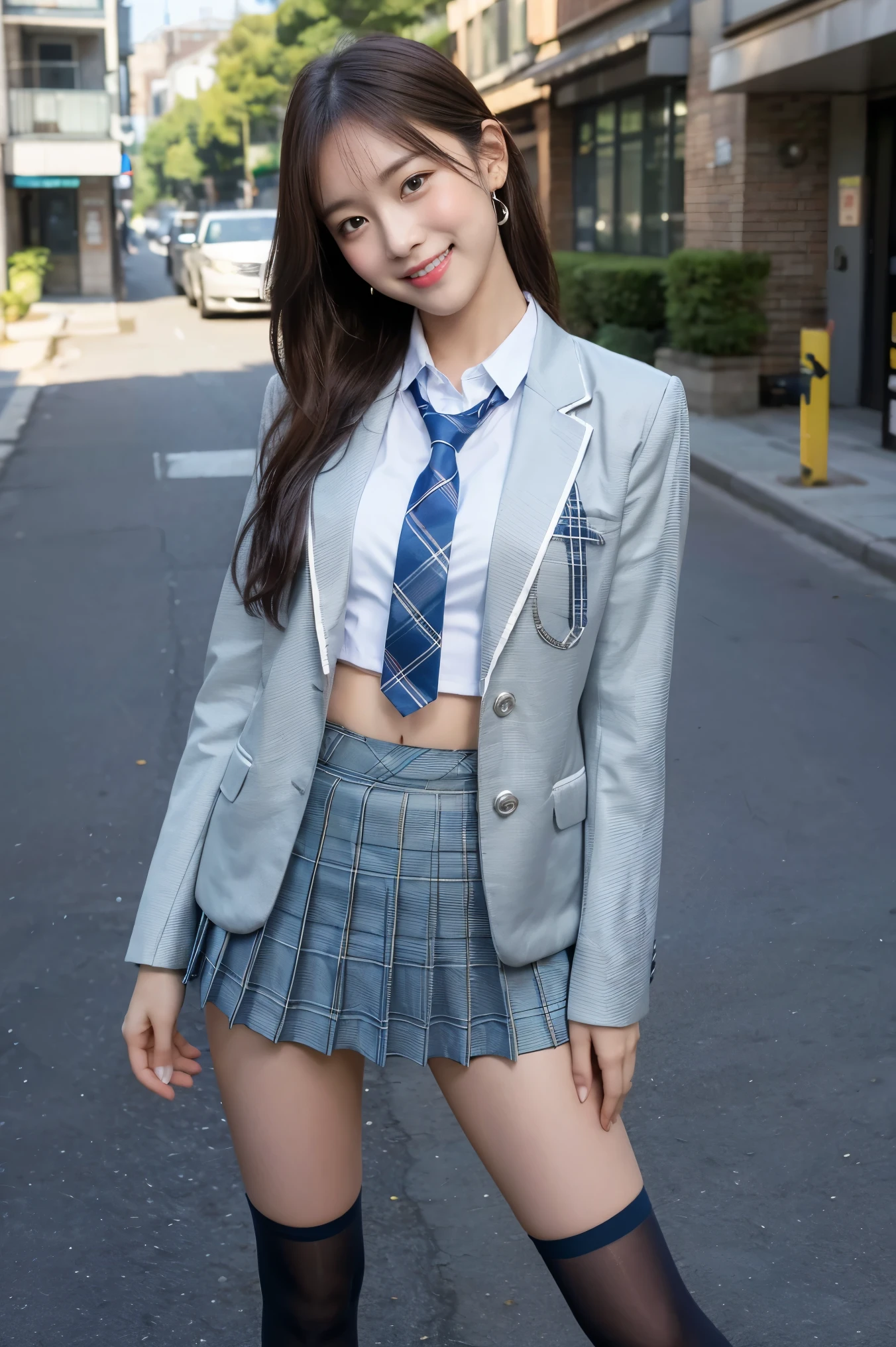 (8K), (highest quality: 1.2), (Realistic), (Realistic: 1.37), Ultra-high resolution, 3 girl, cute, (Embarrassed smile:1.2), (Blushing:1.4),Mouth closed, Beautiful details, Beautiful Nose, white gold straight Hair, giant dulcefo, pork, Thighs,Navel exposed,University Student Uniform,A simple blazer,Pleated skirt,(The skirt and tie are tartan check pattern.:1.3), (standing on a street:1.2),(Shiny Thighs:1.4), (medium shot :1.2),(low angle:1.3), (dark blue high socks:1.2)