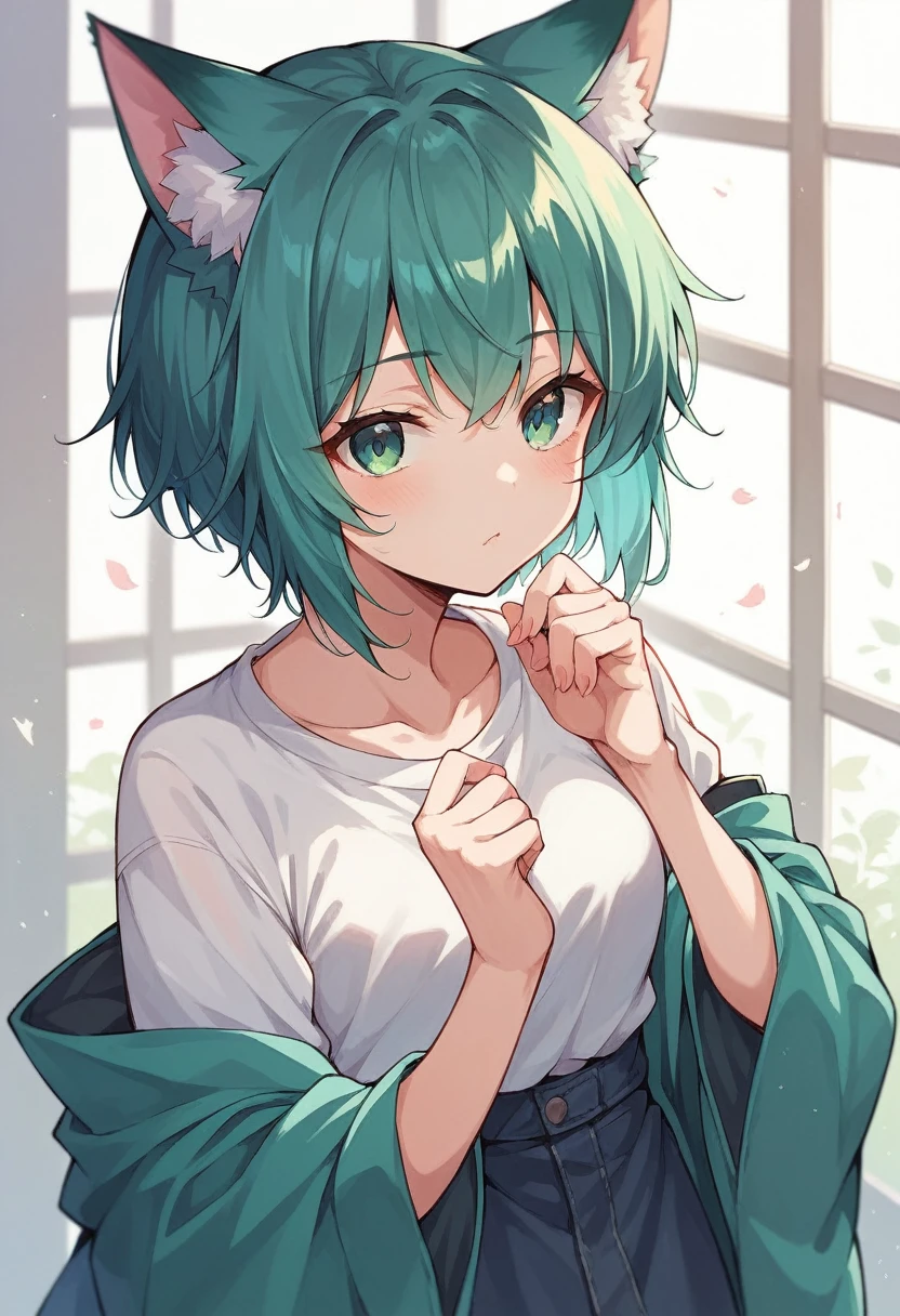 a closeup of a cartoon character with fox ears, fox girl, mikudayo, anime moe art style, Cat Mimi, short hair, anime girl with teal hair