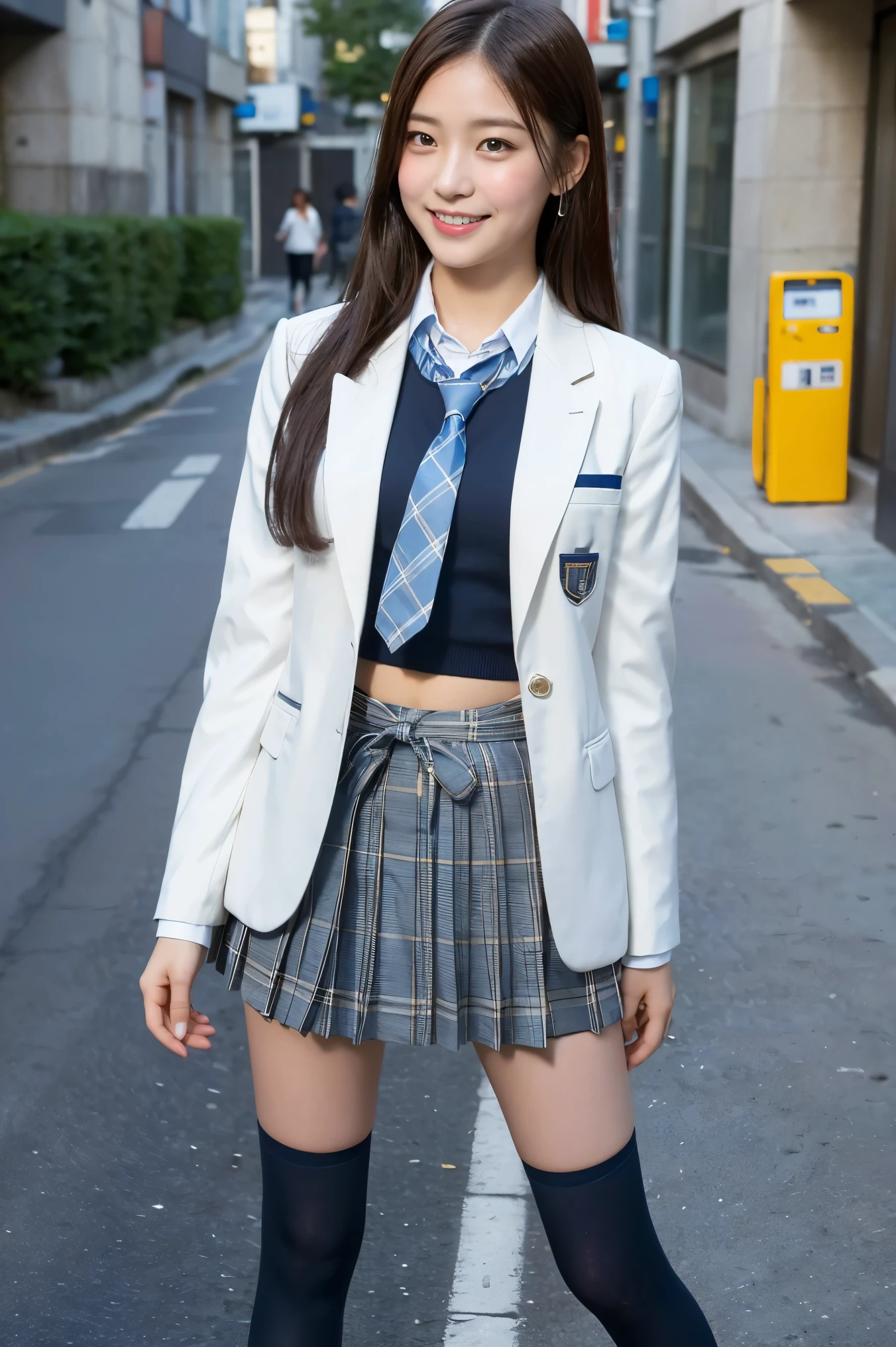 (8K), (highest quality: 1.2), (Realistic), (Realistic: 1.37), Ultra-high resolution, 3 girl, cute, (Embarrassed smile:1.2), (Blushing:1.4),Mouth closed, Beautiful details, Beautiful Nose, white gold straight Hair, giant dulcefo, pork, Thighs,Navel exposed,University Student Uniform,A simple blazer,Pleated skirt,(The skirt and tie are tartan check pattern.:1.3), (standing on a street:1.2),(Shiny Thighs:1.4), (medium shot :1.2),(low angle:1.3), (dark blue high socks:1.2)