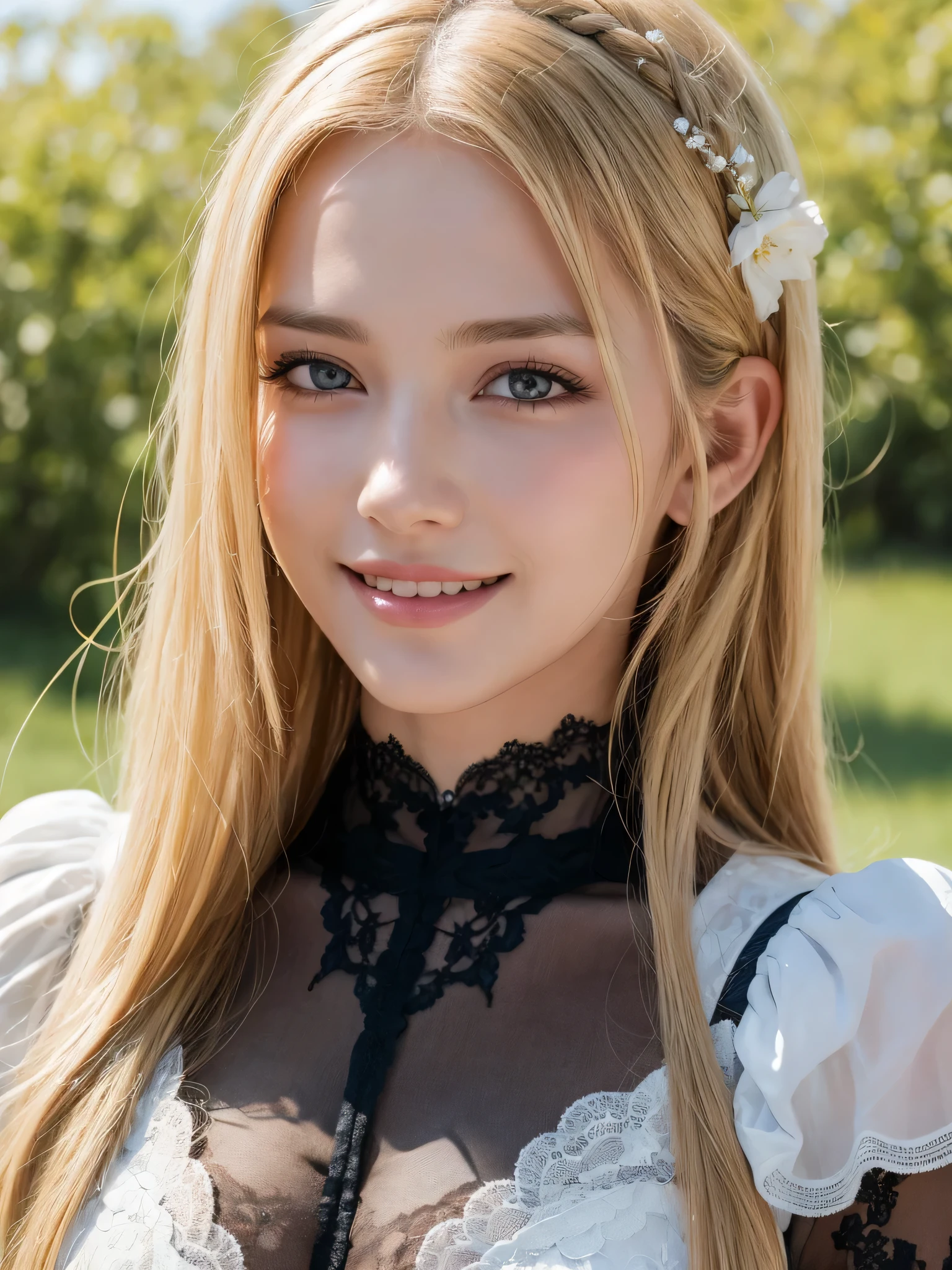 1Women, unique faces, (beautiful women, blonde hair), (smile:1.2), (beautiful lace costumes), (Best Quality:1.4), Realistic, extremely detailed CG unified 8k wallpaper, highly detailed, High-definition raw color photos, professional photography, Realistic portrait, Close up portrait of Women, Outdoors, Beautiful scenery, grassland, nature, vastness, elegance, Beautiful detailed, upper body photos, (Fine face:1.2),