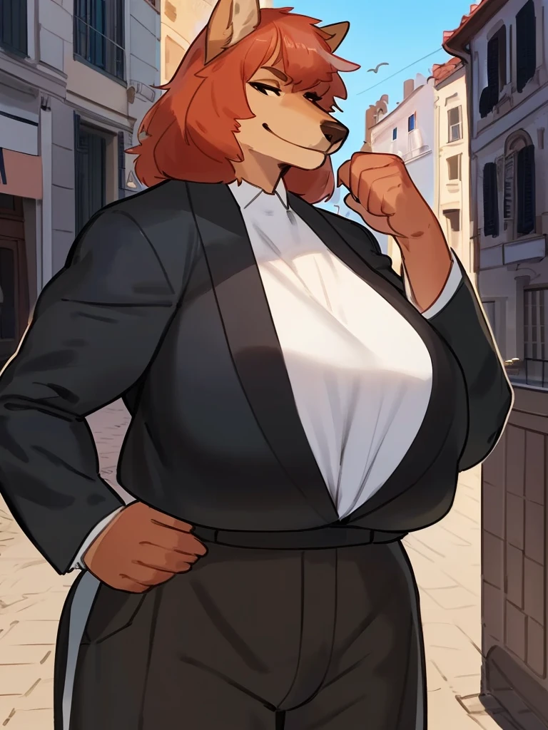 by bebebebebe, by lostgoose, by goonie-san, solo, standing, female, brown wolf, massive, muscular, tall, big breasts, italian city, ((snout, copper hair)), smirking, ((designer clothes, armani))