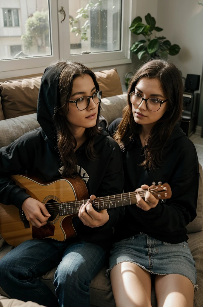 A singer and a guitarist recording a song sitting on the sofa in the living room of a house with windows and the sun coming in, both dressed in black hoddie and glasses, 