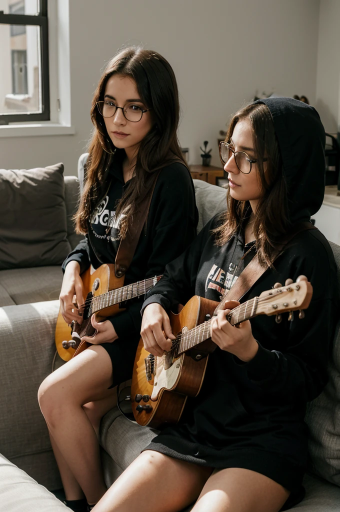 A singer and a guitarist recording a song sitting on the sofa in the living room of a house with windows and the sun coming in, both dressed in black hoddie and glasses,