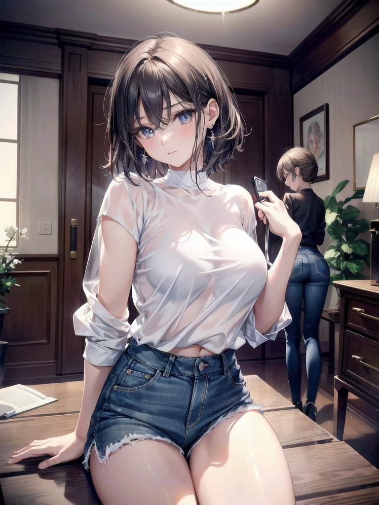 absurdres, RAW photo, extremely delicate and beautiful, masterpiece, Best Quality, ultra high resolution, 32k, hyperrealistic, ultra-detailed, perfect anatomy, super Detailed skin, perfect figure, Super Beauty, Perfect Style, Perfect balance, Beautiful Lighting, Perfect Lightning, Realistic Shadows, 20 years old, very Slim body, narrow waist, very small head, very small face, delicate facial features, handsome detailed woman, very detailed eyes and face, realistic face proportions, Realistic beautiful face, Realistic beautiful eyes, tearful mole, earring, very huge round breasts, legs, medium hair, asymmetrical hair, whole body shot, indoor, (yuri, 2girls), plain white shirt, denim shorts,
