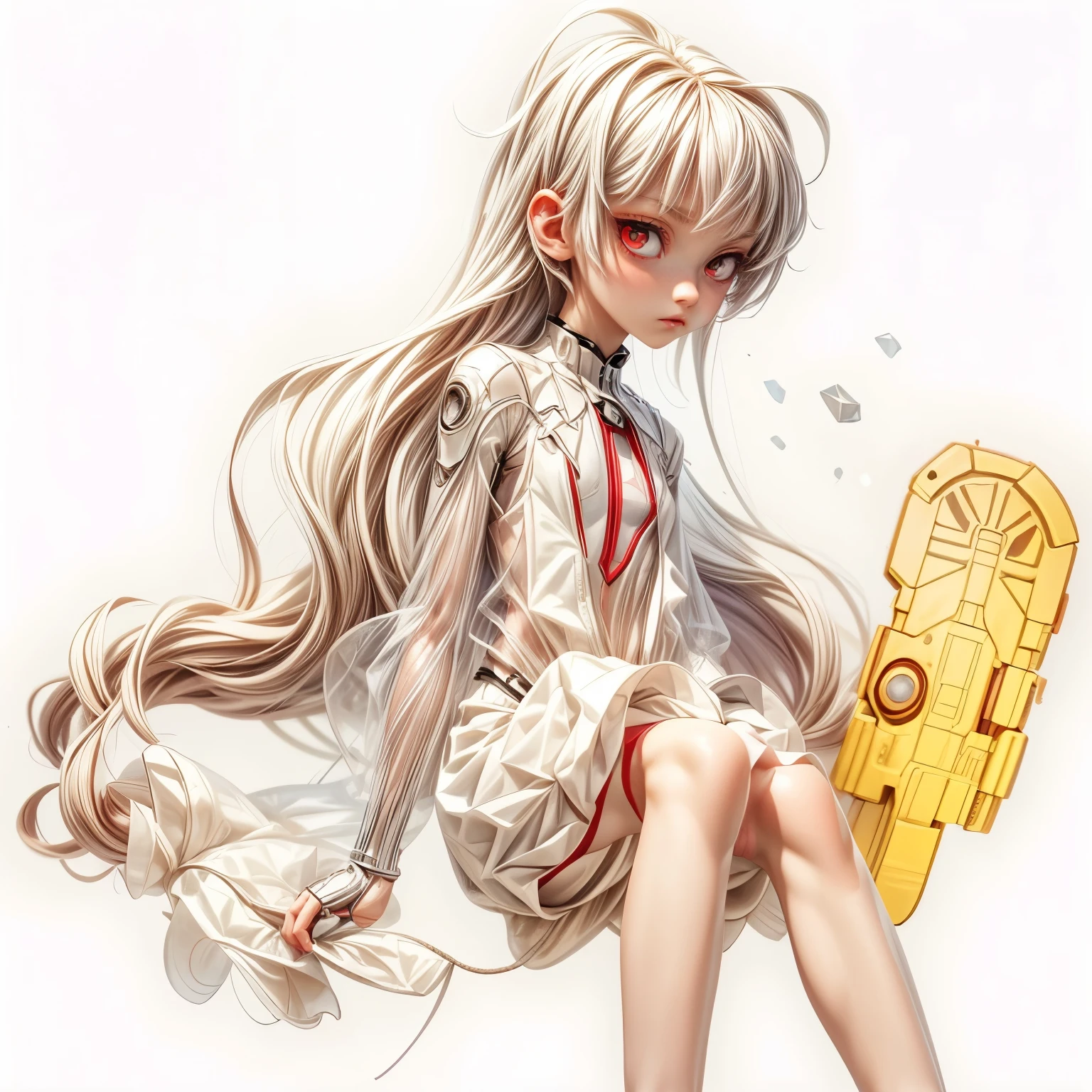 appearence a 13 years old teenage girl,red eyes,albino,calm,quiet,cute,pretty,full body,looking ahead,short hair combed back,red outfit,black short,tied hair,spider verse suit,serious look,cyberpunk background