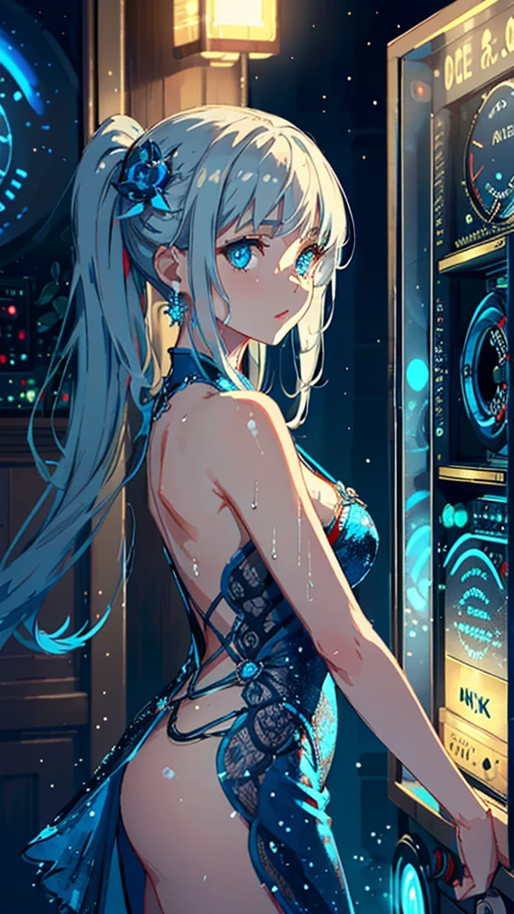 (masterpiece, Highest quality,4K resolution),
(Mysterious close-up shot of a Nixie tube taken from the side),
Her shiny scales reflect the moonlight.,
Deep blue eyes hold the secrets of the deep galaxy,
The water droplets on her skin sparkled like diamonds.,
,Tutututu, China dress,(See through),