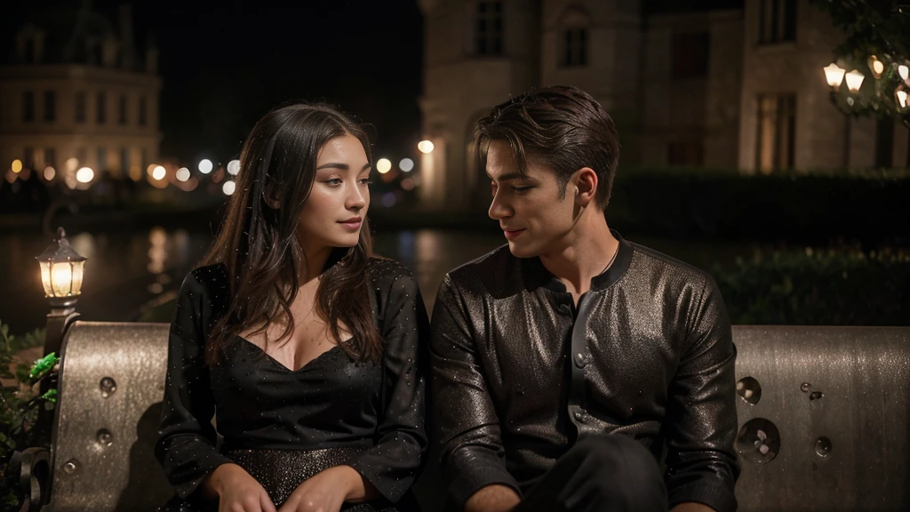 Intimate and high-quality photos of (Couple:1.2), Sit On (Bench:1.1), (Enchanting Light:1.1), sexy, passionate, exquisitely detailed, (sweat:1.1) with (glittering droplets:1.1), castle backgrounds, Sony Alpha 7R IV Camera, Digital Photo, f/2.8 lens, black-red, , Too many realistic textures, trends on social media, night light