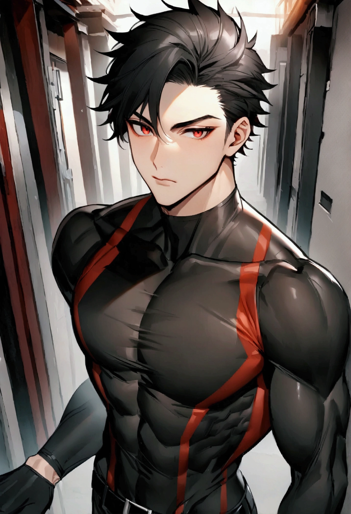 masculine man, tall, muscular, long-sleeved sports shirt made of black lycra, short black hair combed back and red eyes, black belt and black gloves, slim, 24 years old
