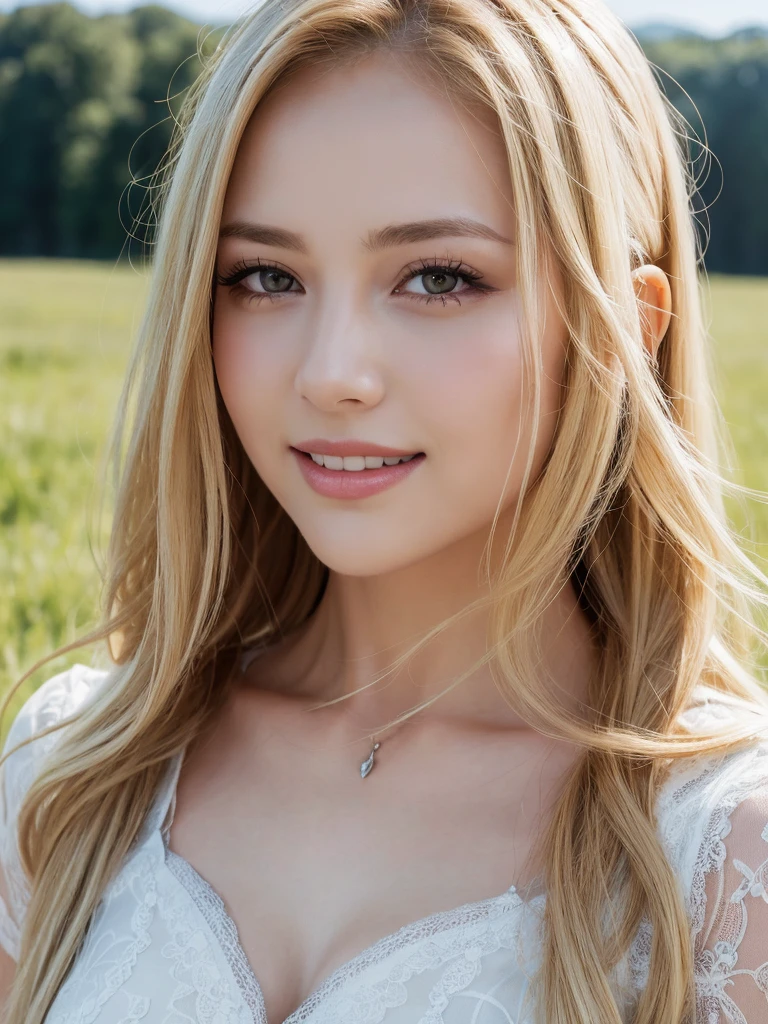 1Women, unique faces, (beautiful women, blonde hair), (smile:1.2), (beautiful lace costumes), (Best Quality:1.4), Realistic, extremely detailed CG unified 8k wallpaper, highly detailed, High-definition raw color photos, professional photography, Realistic portrait, Close up portrait of Women, Outdoors, Beautiful scenery, grassland, nature, vastness, elegance, Beautiful detailed, upper body photos, (Fine face:1.2),