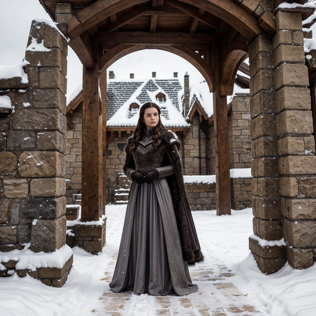 generated a full body of a 25 years old young white woman with dark brown hair, posing in the Castle of Winterfell from the TV show "Game of Thrones." The setting should include the distinctive architectural elements of Winterfell, such as its stone walls, ancient wooden doors, and snowy surroundings. she wear the Lady's suit from Season 7 of the show. This outfit includes a long, dark, elegant gown with intricate detailing and fur accents. The model's pose should be regal and confident, capturing the essence of a noble lady in the North