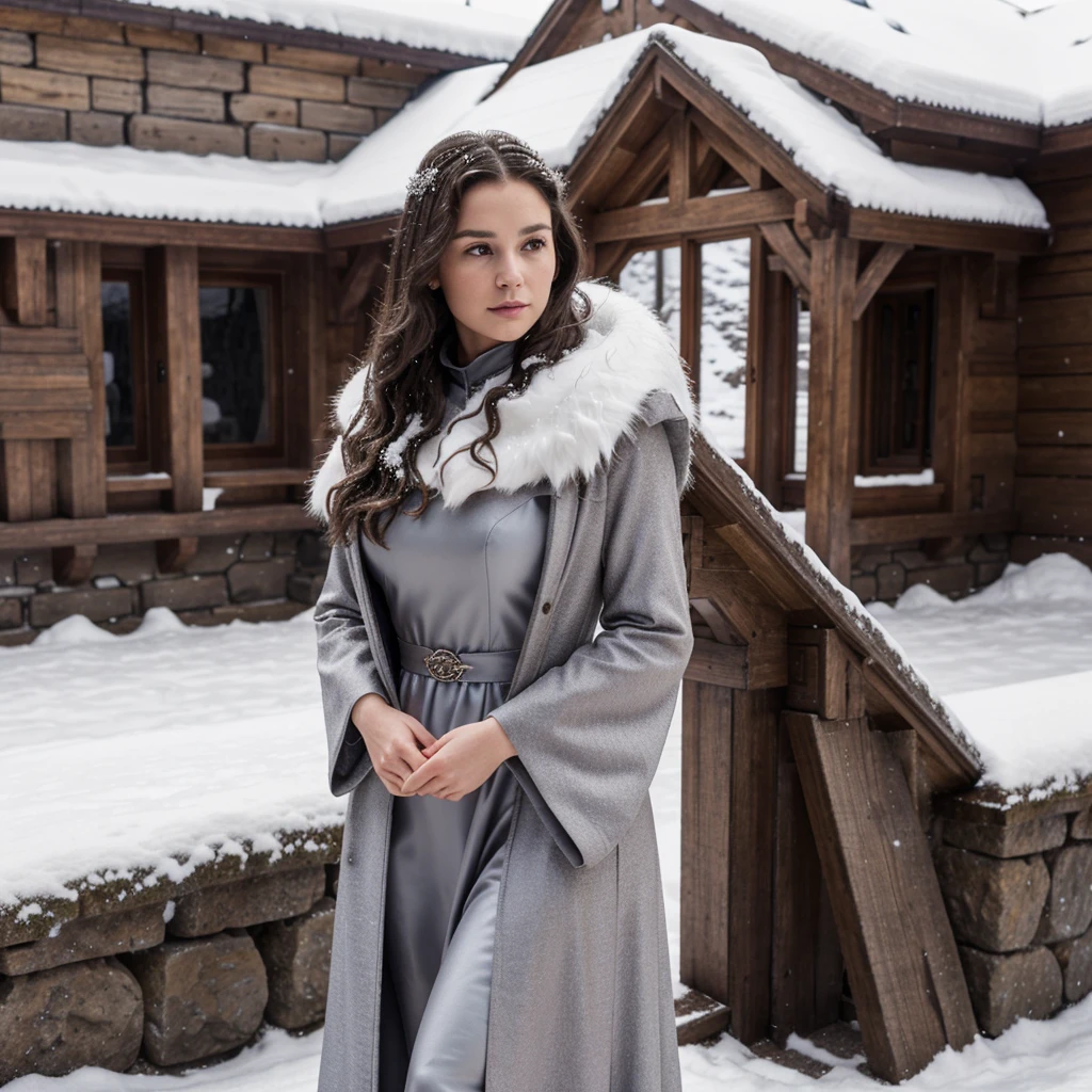 generated a full body of a 25 years old young white woman with dark brown hair, posing in the Castle of Winterfell from the TV show "Game of Thrones." The setting should include the distinctive architectural elements of Winterfell, such as its stone walls, ancient wooden doors, and snowy surroundings. she wear the Lady's suit from Season 7 of the show. This outfit includes a long, dark, elegant gown with intricate detailing and fur accents. The model's pose should be regal and confident, capturing the essence of a noble lady in the North
