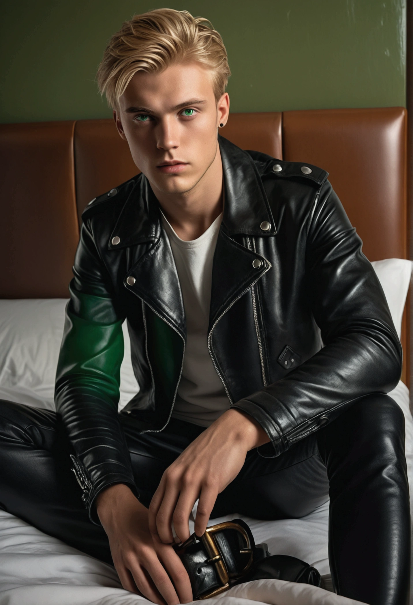 a young blonde man with piercing green eyes, wearing a black leather jacket and black pants, sitting on his bed, holding a black leather belt, (best quality,8k,highres,masterpiece:1.2),ultra-detailed,(realistic,photorealistic,photo-realistic:1.37),dramatic lighting,chiaroscuro,cinematic mood,moody,dark shadows,dramatic contrast