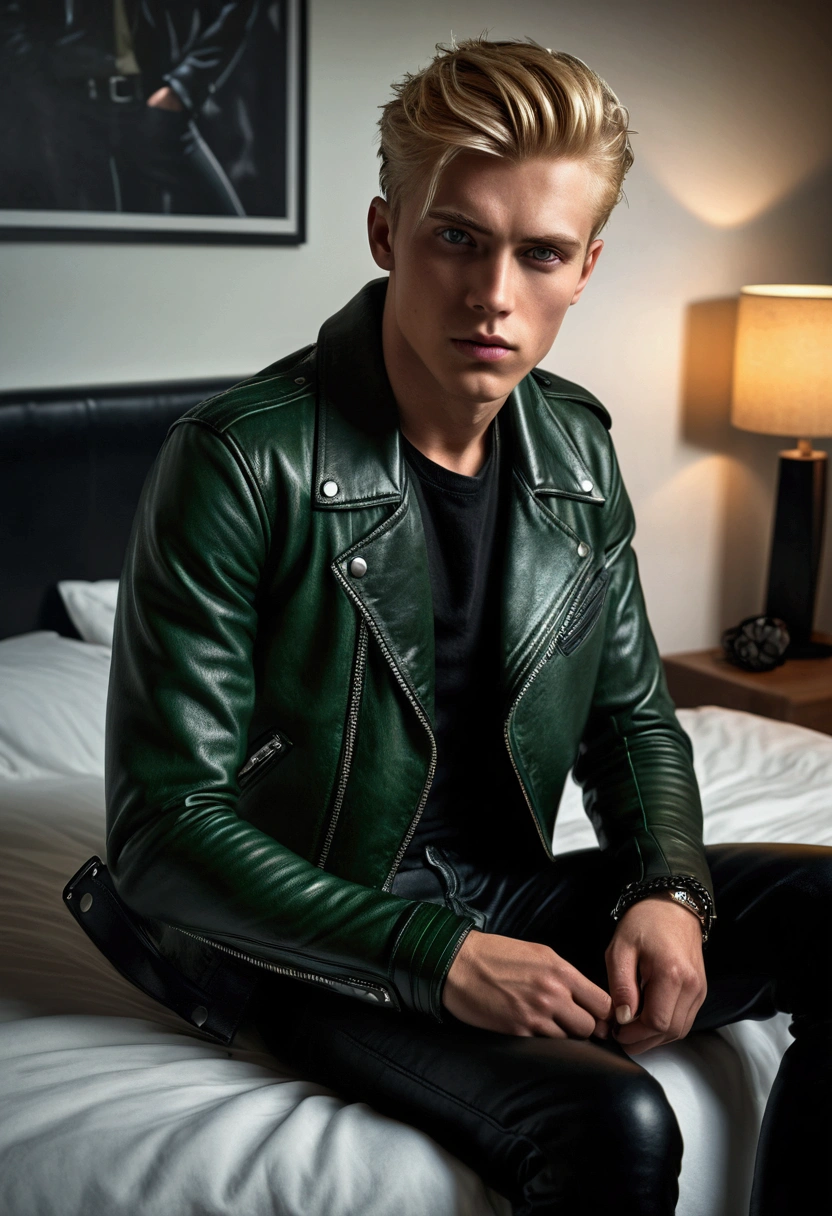 a young blonde man with piercing green eyes, wearing a black leather jacket and black pants, sitting on his bed, holding a black leather belt, (best quality,8k,highres,masterpiece:1.2),ultra-detailed,(realistic,photorealistic,photo-realistic:1.37),dramatic lighting,chiaroscuro,cinematic mood,moody,dark shadows,dramatic contrast