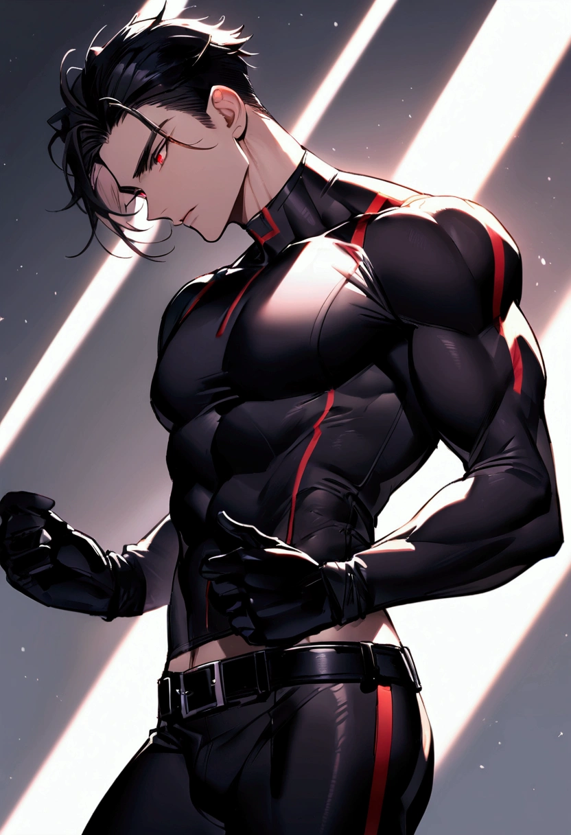 masculine man, tall, muscular, long-sleeved sports shirt made of black lycra, short black hair combed back and red eyes, black belt and black gloves, slim, 24 years old