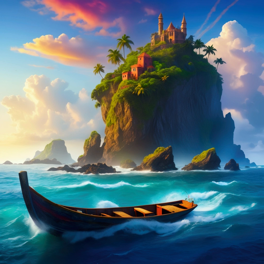 (masterpiece, best quality, vivid colors:1.2) a mysterious island that can be seen in the distance from a boat