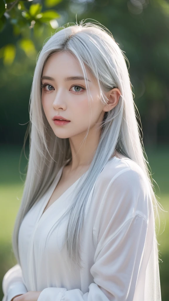 masterpiece, Highest quality, Very detailed, Lightning in the movie, Intricate details, High resolution, Official Art, Beautifully detailed face and eyes, High resolutionのイラスト, 8k, Depth of written boundary, Bokeh, alone, One girl, A girl with white hair and red eyes, Long white hair, Beautiful red eyes, Beautiful Landscape, Rainy Town, Upper Body, View your viewers, close