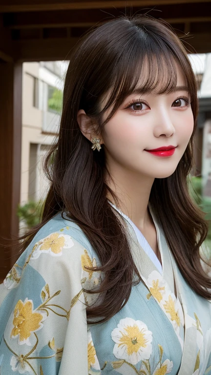whole body, Highest quality, shape, Very detailed, detailed, High resolution, 8k wallpaper, Perfect dynamic composition, Beautiful details, kimono,Medium length hair, Central chest, Natural lip color, Casual sexy pose,smile,shrine,Floral Hair Accessories,Lovely,