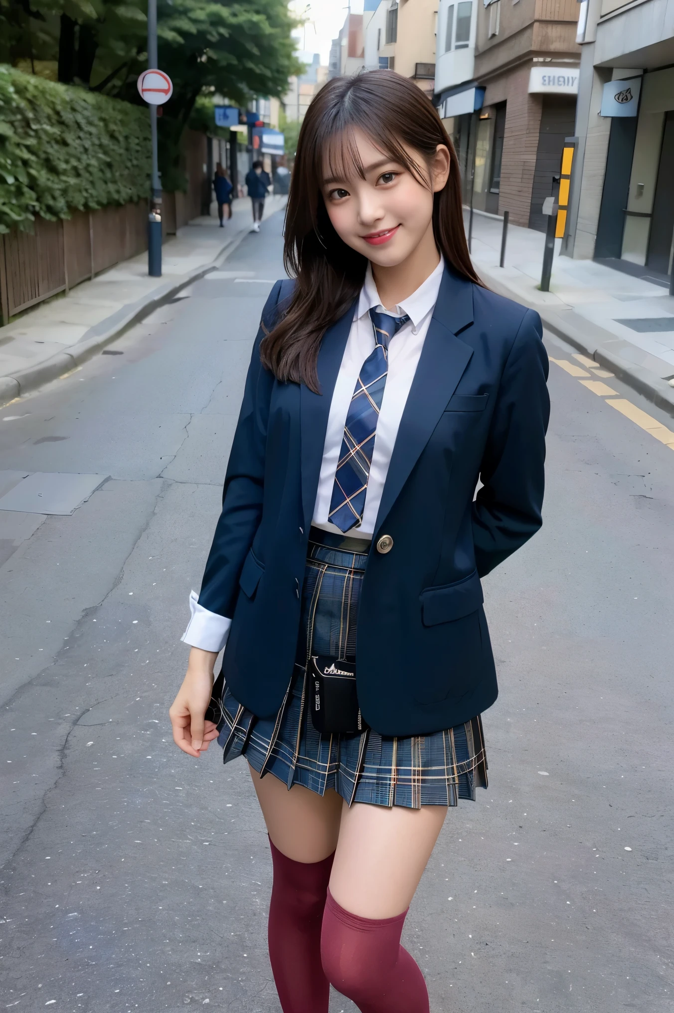 (8K), (highest quality: 1.2), (Realistic), (Realistic: 1.37), Ultra-high resolution, 3 girl, cute, (Embarrassed smile:1.2), (Blushing:1.4),Mouth closed, Beautiful details, Beautiful Nose, black straight Hair, giant dulcefo, pork, Thighs,Navel exposed,University Student Uniform,A simple blazer,Pleated skirt,(The skirt and tie are tartan check pattern.:1.3), (standing on a street:1.2),(Shiny Thighs:1.4), (medium shot :1.2),(low angle:1.3), (dark blue high socks:1.2)