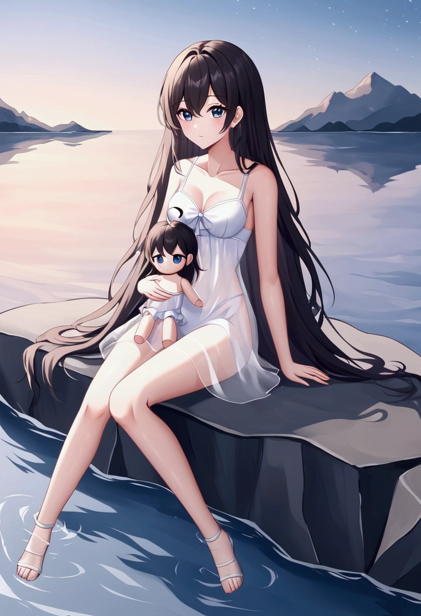((Moonlit Night))There is a  sitting on a rock by the water., Digital painting of Greek mythology, Love Concept Art, Romanticism artistic style, Magali Villeneuve, Artemis Selene((Toddler girl))　((5 years old))((nsfw))Long Hair((See-through white baby doll))