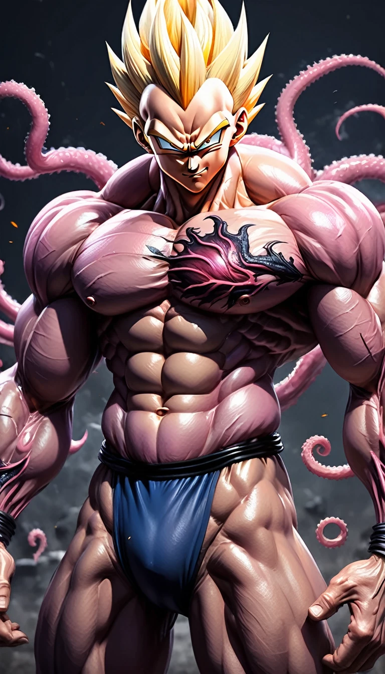 Full body image "(Highest quality, 8k, ultra-detailed, Realistic:1.2), Portraiture, Dragon Ball,majin vegeta, Muscular, Calm, Fearless smile, detailed, Blonde, strict, Intimidating, Powerful, Show off his strength", Brainwashed and possessed by Majin Buu,Controlled by an evil heart,Demon body and wing tattoo on forehead,Black slimy tentacles,Huge penis,Very large muscles,Full body images,The lower half of the body is hairy like an animal.