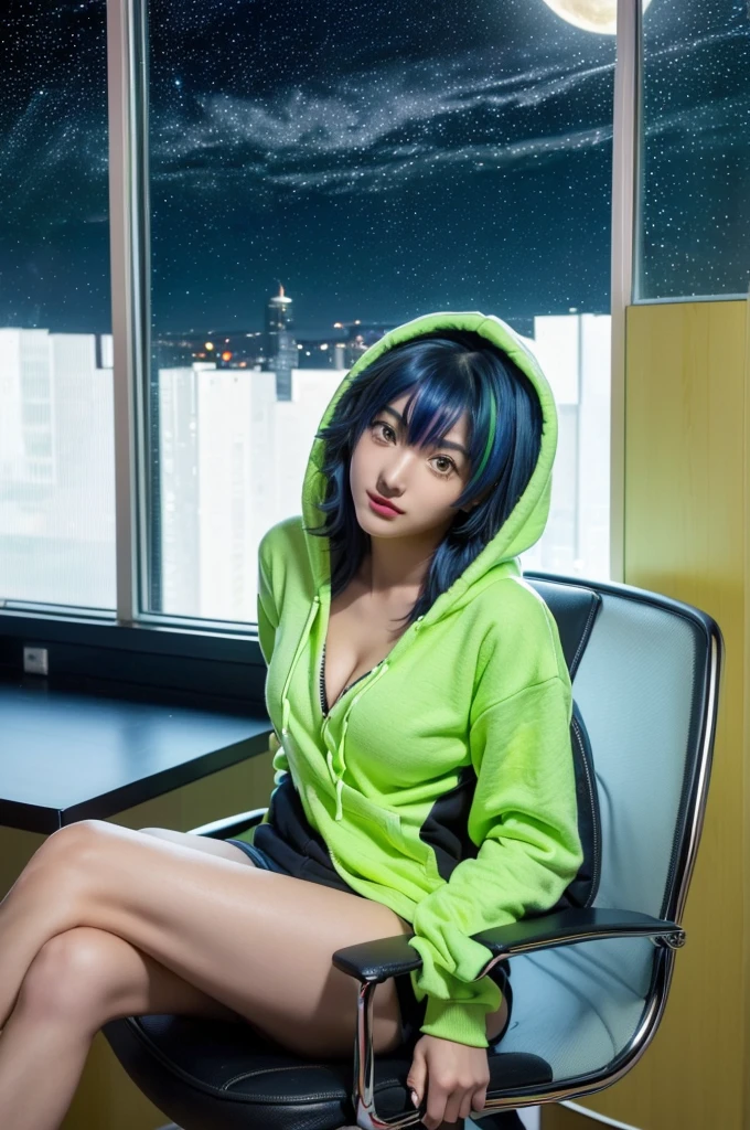 (Xenovia_Quarta, high school dxd, short hair, multicolored hair, blue hair, green streak hair, (breasts, medium size breasts), cleavage, eyes, yellow eyes, thurime, beautiful face, 18 years old, nice hands, perfect hands,

(sitting in a chair, smilling)

(outfit: naked hoodie, blue hoodie, open hoodie)

(background: office room, desk, computer, monitor, keyboard, office chair, window, starry night, moon, night time)

(((masterpiece, high quality, best illustration, high resolution, 1girl, solo)))