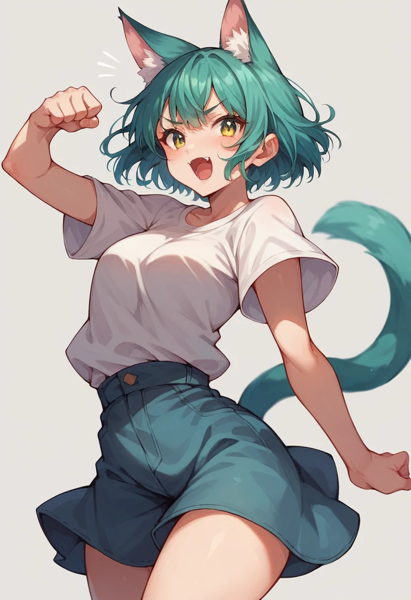 a closeup of a cartoon character with fox ears, fox girl, mikudayo, anime moe art style, Cat Mimi, short hair, anime girl with teal hair, dominant pose