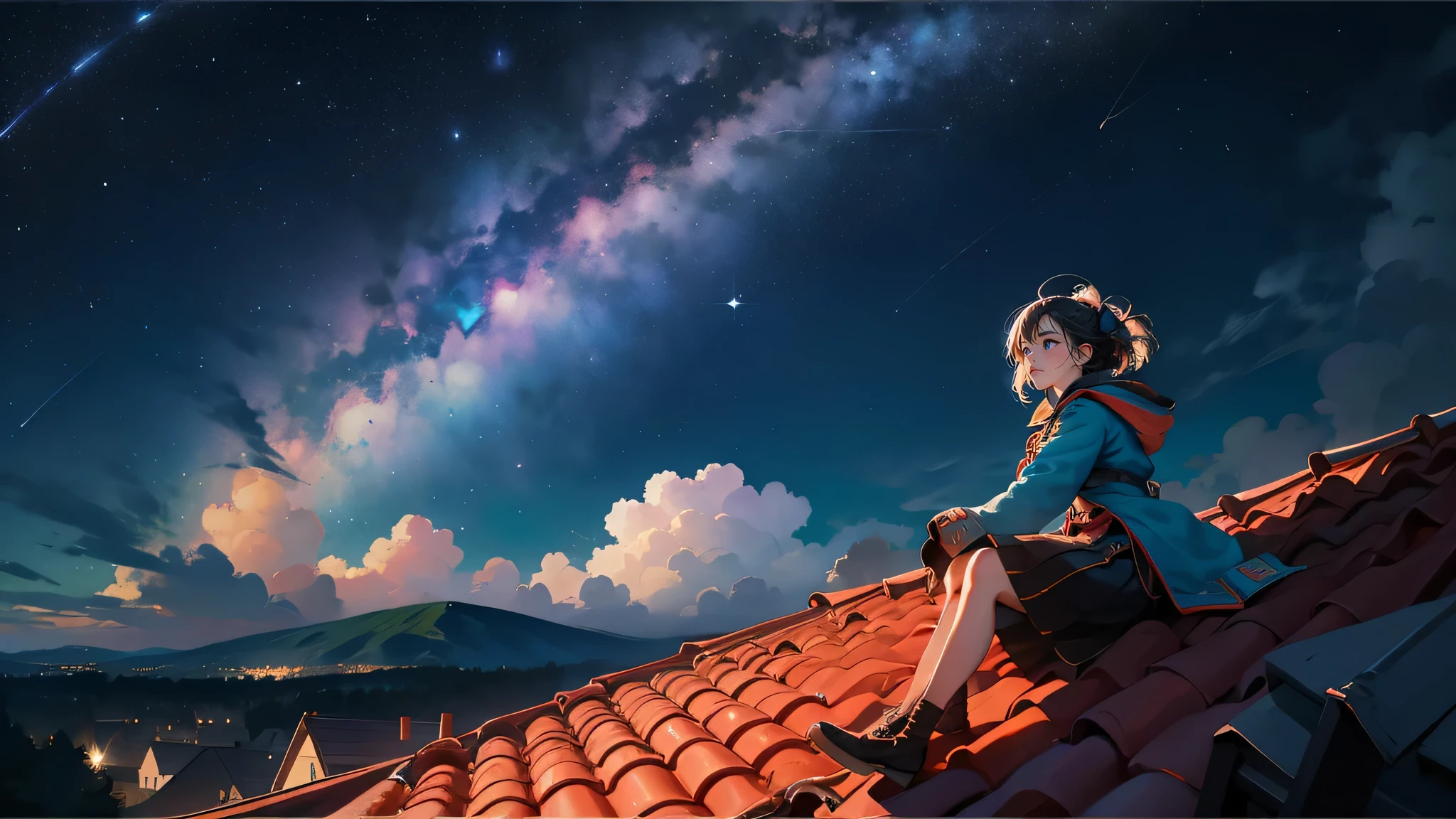 Girl sitting on roof，night，Shining Milky Way（A meteor crosses），Panoramic View，Scenic horizon，Look up at the viewpoint，roof，A breeze in the wind，8K high definition art，Best image quality。