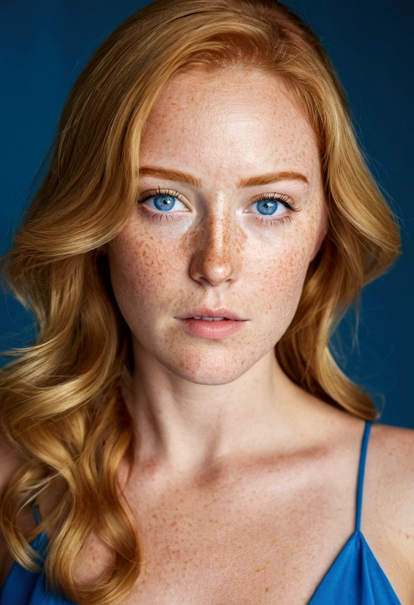 American woman with honey hair , clear blue eyes , with little freckles below your eyes. Wearing a sexy blue dress