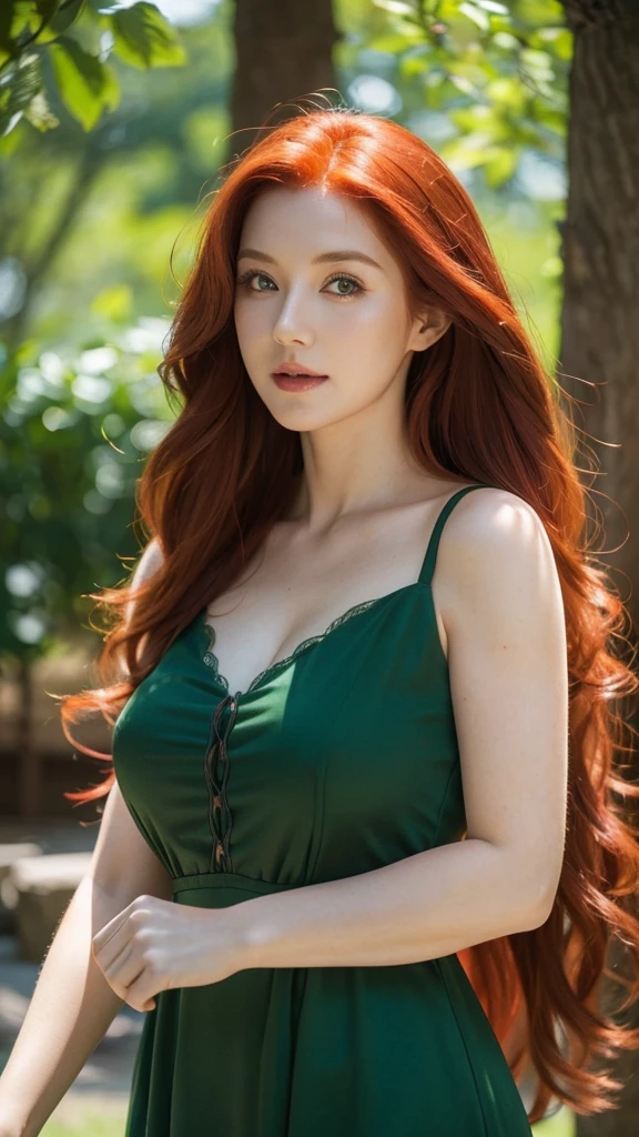 High resolution, (The finest details) (Highest quality), Redhead woman with long red hair and green dress taking a photo, Mature and gorgeous, Natural light and shadow
