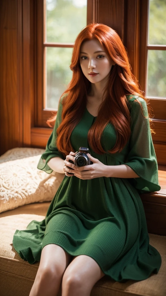 High resolution, (The finest details) (Highest quality), Redhead woman with long red hair and green dress taking a photo, Mature and gorgeous, Natural light and shadow