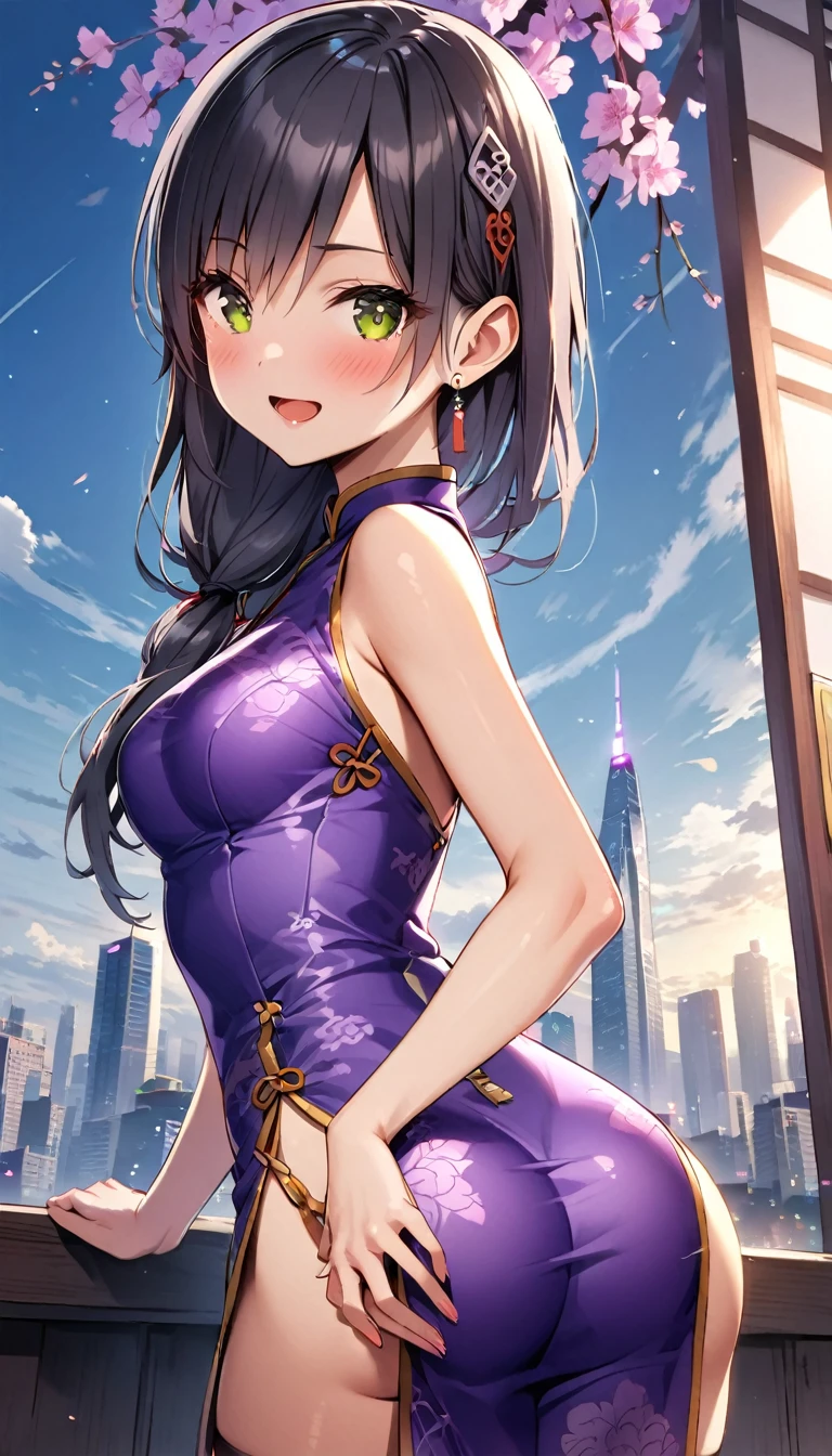 woman,20-year-old,city,(((purple Silk cheongsam))),,open mouth smile((black hair)),blush、,((turn around and look back))()Reflecting the buttocks