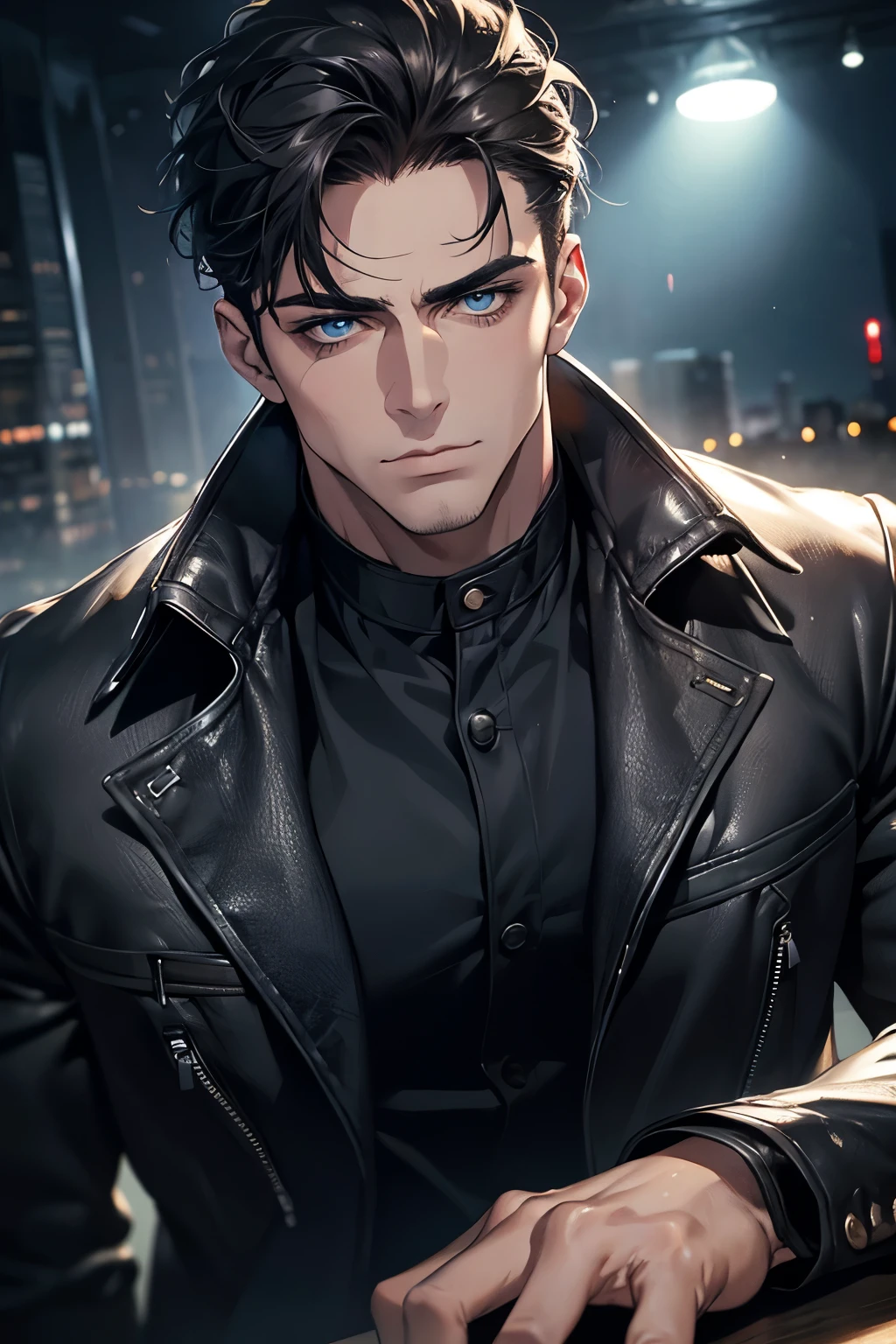 (Best Quality,4k,8k,high resolution,Masterpiece:1.2),ultra detailed,(realist,photorealist,photo-realist:1.37),1 man,31 years,mature man,muscular,square jaw,very handsome,without expresion,short gray black hair,hairstyle,Blue eyes,glare,perfect face without mistakes,imposing posture,collar jacket,leather jacket,dark background,cinematic lighting,imagen HDR