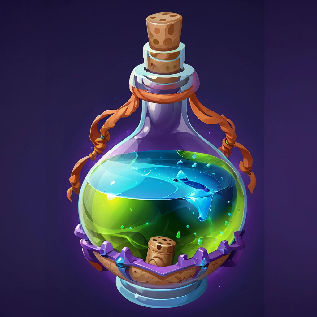 a detailed digital art mana potion with a cork, dark background, game icon simple, detailed, high definition, vibrant colors