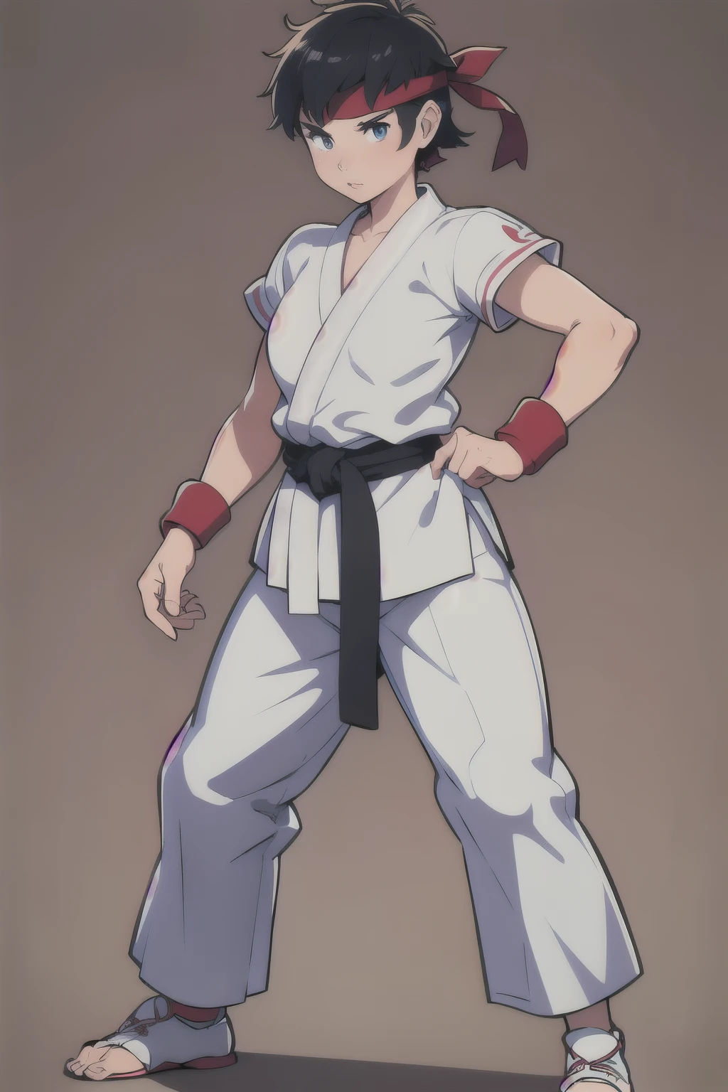 Ryu, street fighter, girl, cute, detailed facial features, piercing eyes, full lips, short hair, white martial arts uniform, red headband, standing pose, hands on waist, full body shot