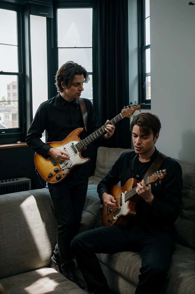 A singing man with a microphone on a stand and a man with an electric guitar sitting on the sofa in a house with windows and the sun reflecting.  Recording a video clip, both dressed in black