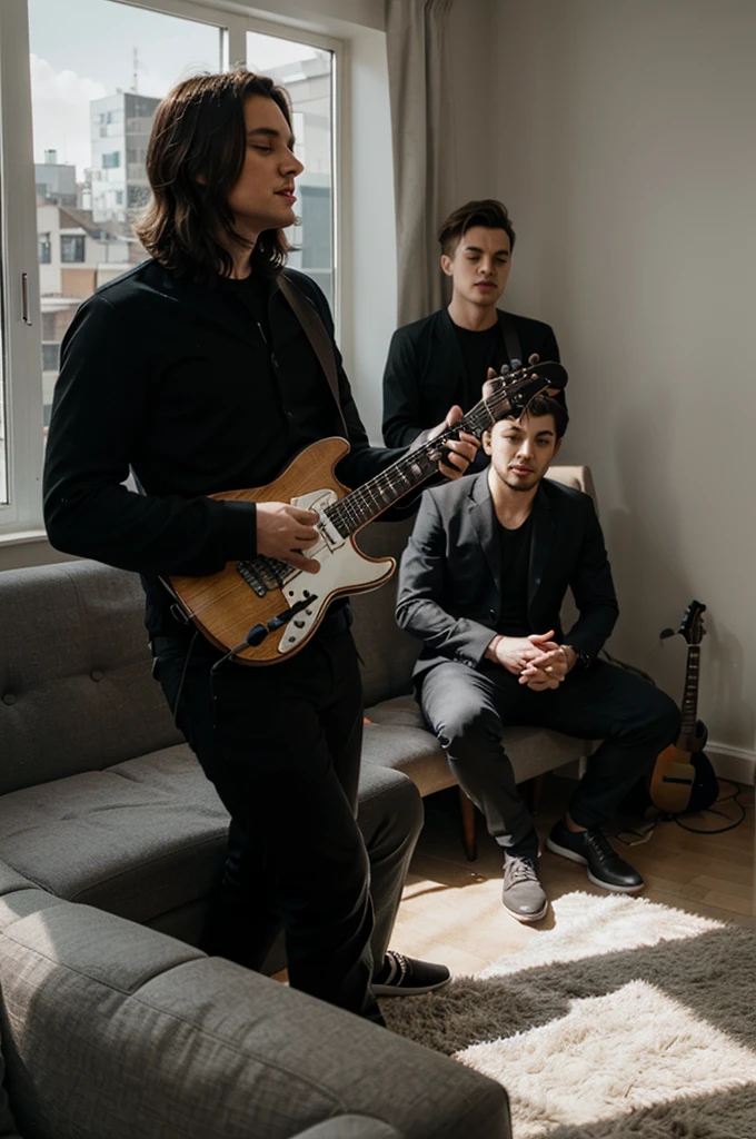 A singing man with a microphone on a stand and a man with an electric guitar sitting on the sofa in a house with windows and the sun reflecting.  Recording a video clip, both dressed in black