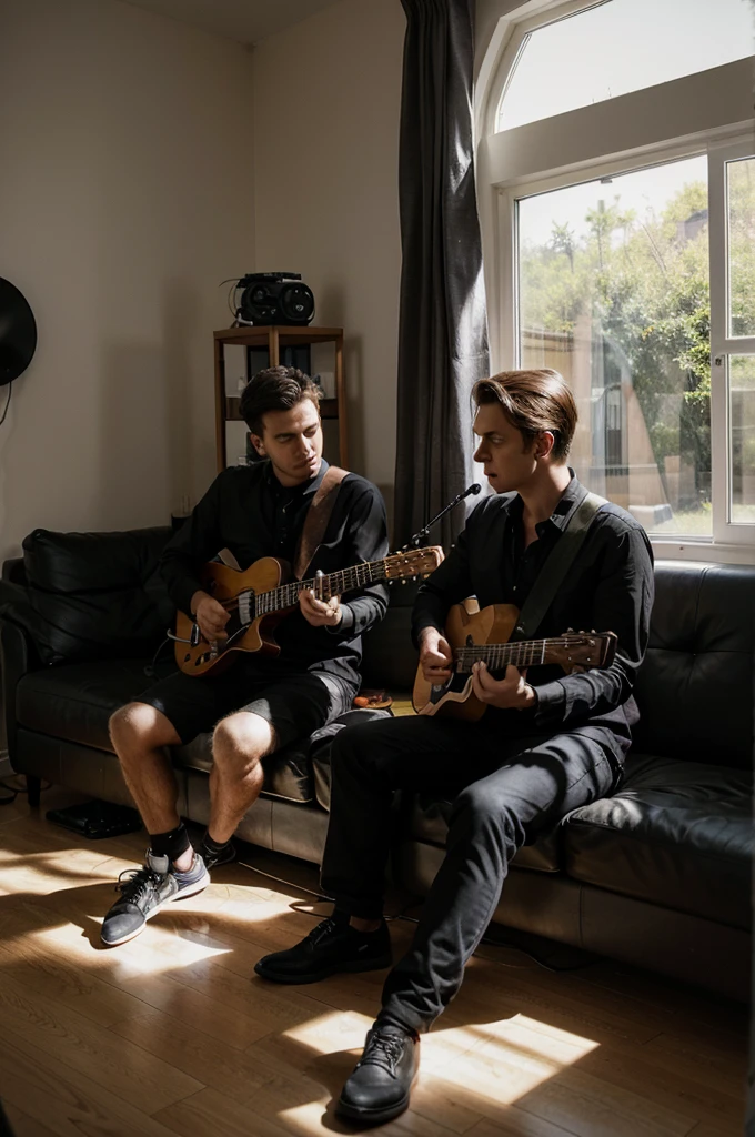 A singing man with a microphone on a stand and a man with an electric guitar sitting on the sofa in a house with windows and the sun reflecting.  Recording a video clip, both dressed in black
