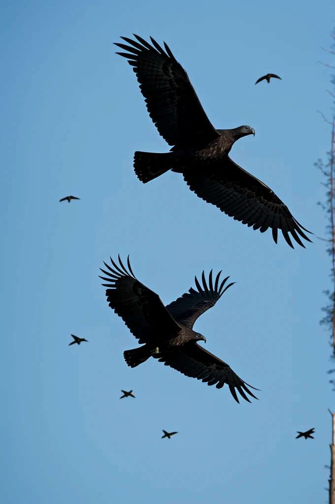 Black silhouettes of buzzards coming from the left flying 
