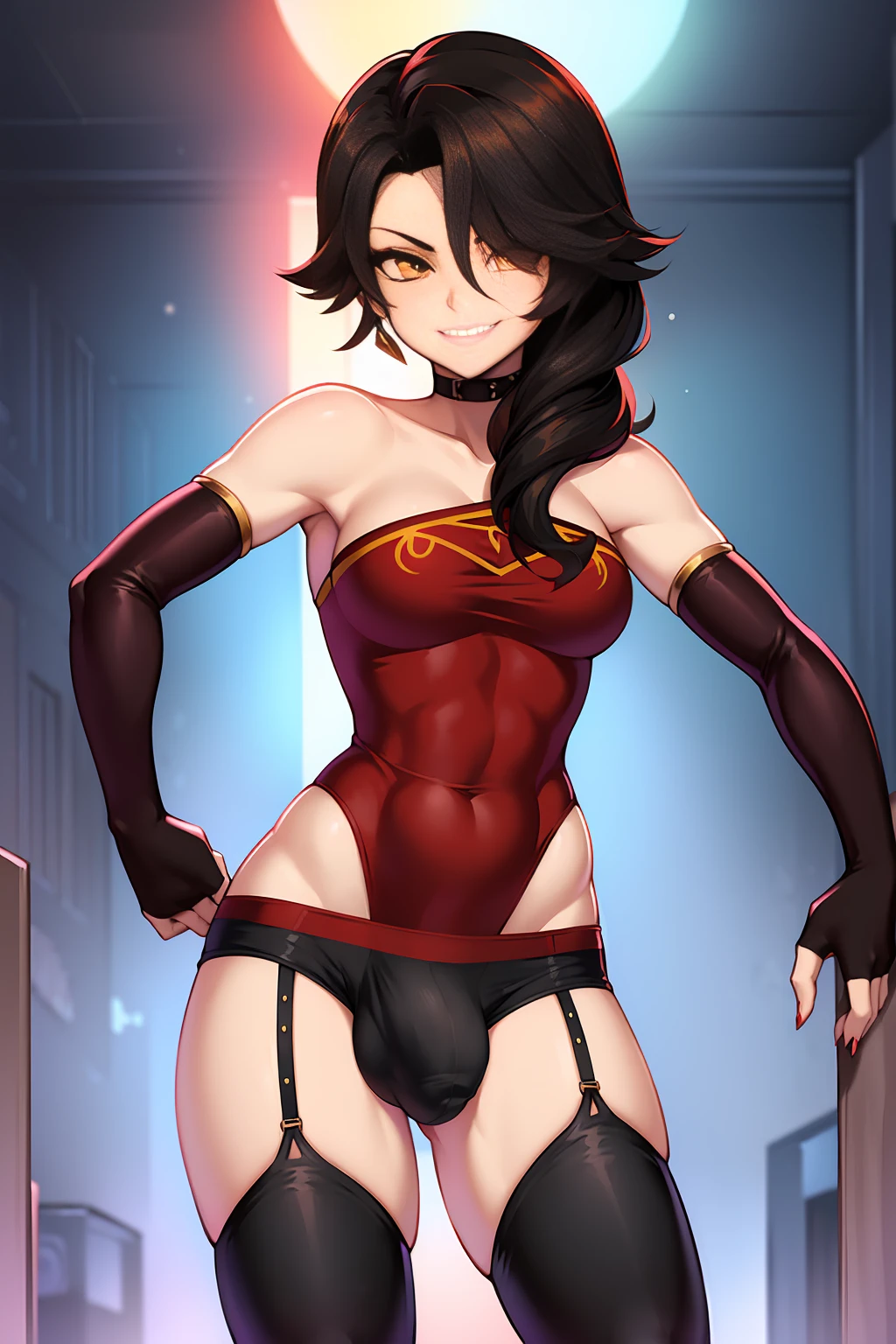 (masterpiece, best quality:1.2), cowboy shot, solo, 1girl, cinder fall wearing a red tube top with black shorts and thigh high boots, evil smile, looking at viewer, long hair, red dress, elbow gloves, in busy nightclub, (?????? bulge:1.3),