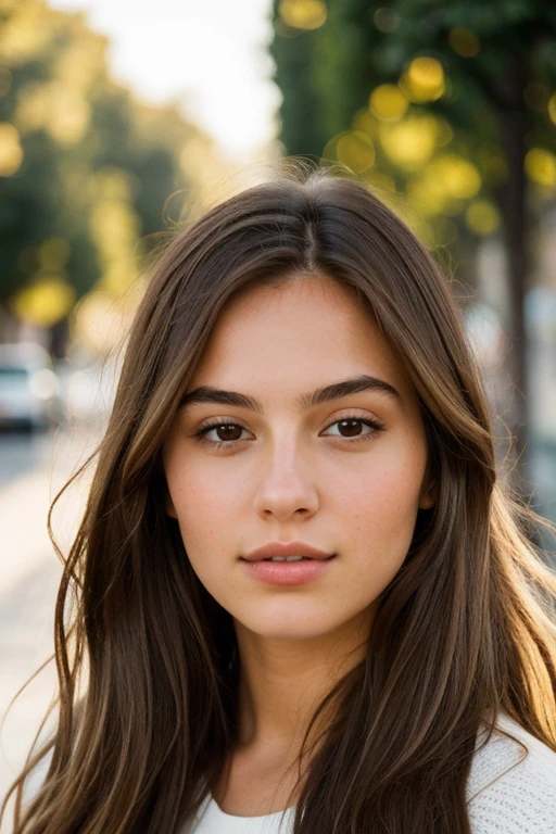 A photorealistic portrait of a 21-year-old Italian girl with long, flowing chestnut hair and striking brown eyes. She should have natural, attractive lips and a warm, approachable expression, illuminated by soft, golden-hour sunlight. The background should be a scenic indoor setting. Capture this image with a high-resolution photograph using an 85mm lens for a flattering perspective.