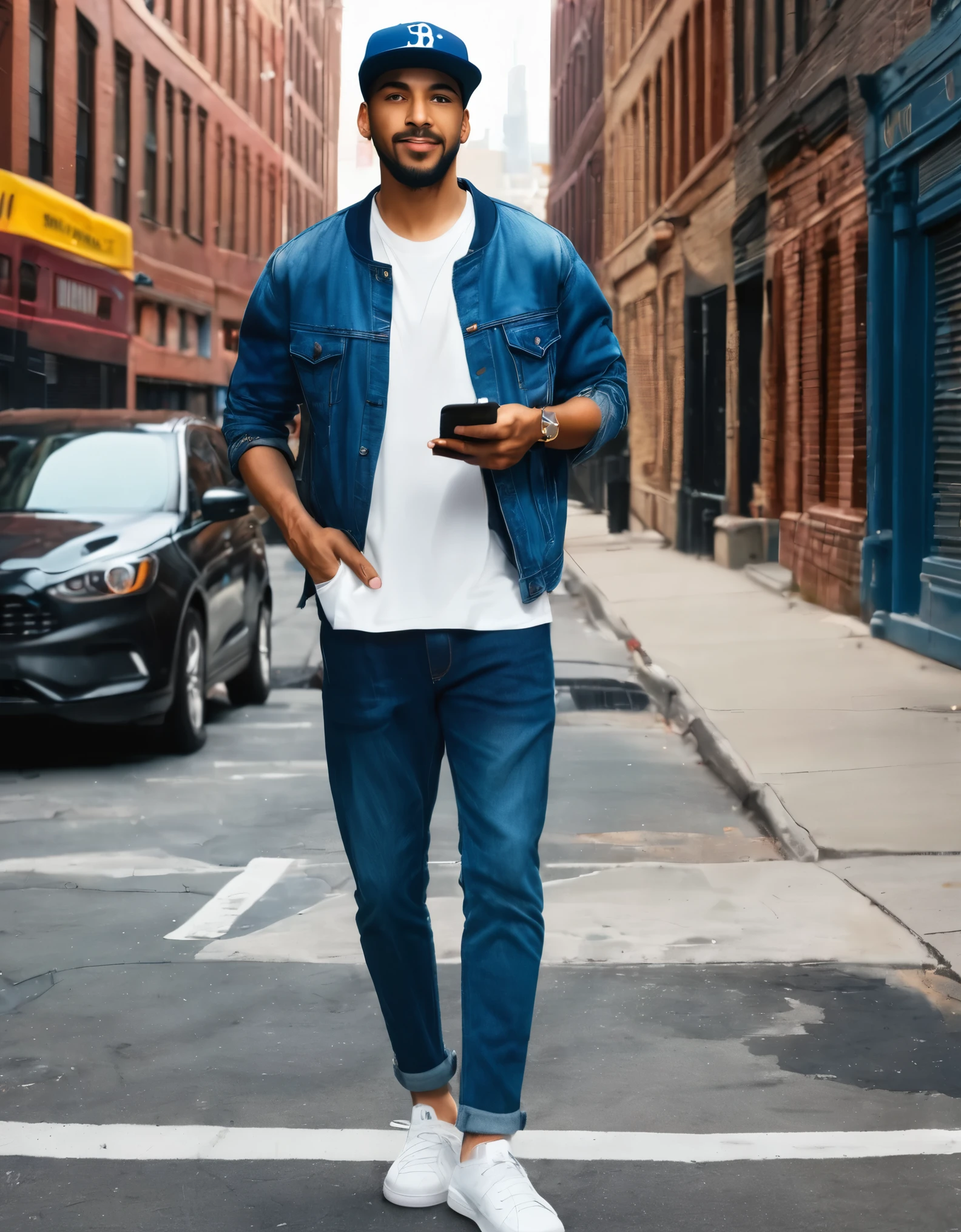 (masterpiece), (best quality), (high res), 1male, male focus, solo, solo focus, carefree, muslim, black hair, short hair, full body, dark brown eyes, backward baseball cap, denim jacket, open jacket, white t-shirt, blue jeans, slacks, shirt, matching sneakers. brooklyn backdrop, raised arm, holding cellphone, street reporter, reporter, journalist. full body costume design. busy atmosphere. workplace lighting.