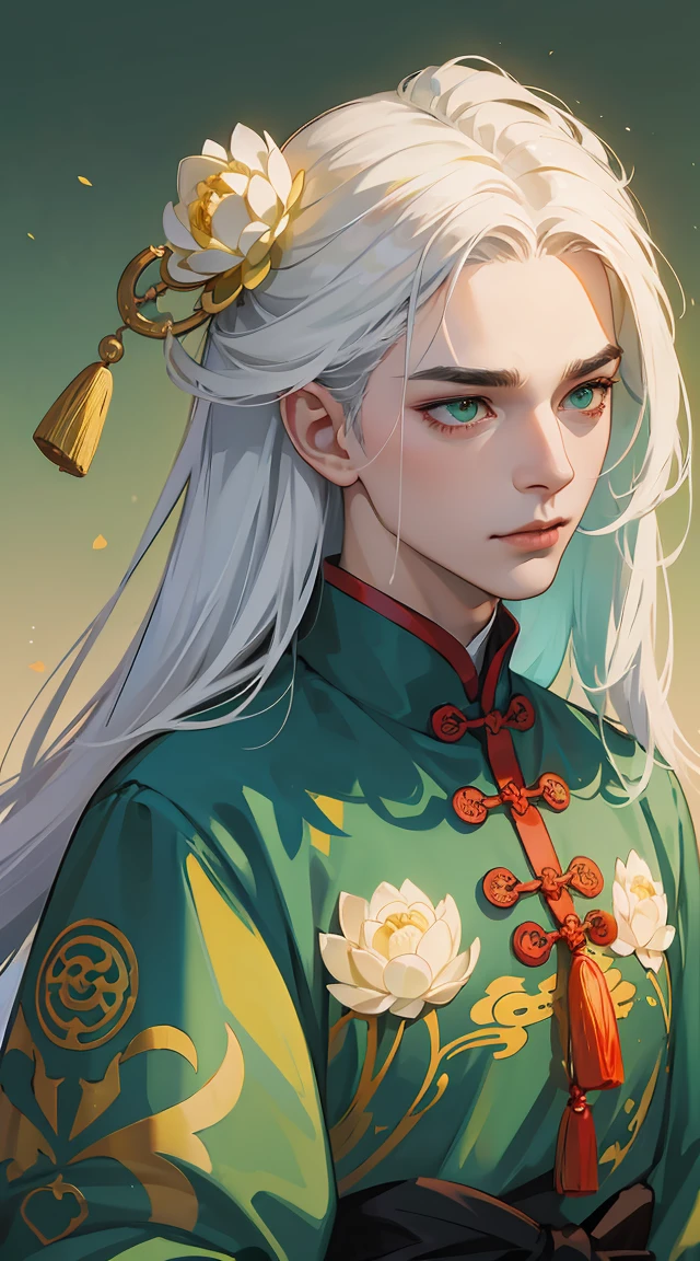 best qualityer,ultra detali,realisitic:1.37),LONG white hair, vibrant green eyes,tall and strong chinese man, moderno, black and gold traditional chinese clothing , milky and smooth skin, chinese sword, lotus flower particles,d&charachter,sharp focus,Physically based rendering,proffesional,bright coloured,bokeh,portraite, pleasant and beautiful face, fierce gaze