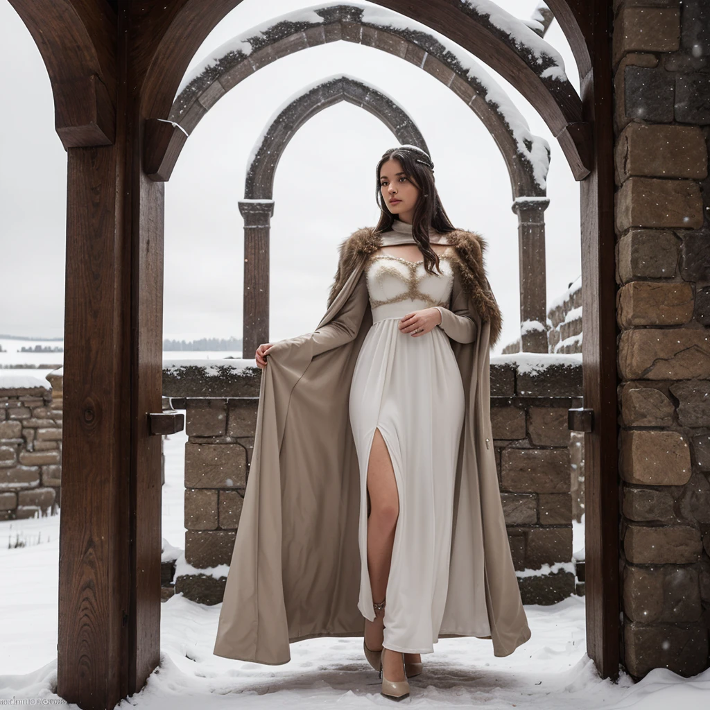 generated a full body of a 25 years old young white woman with dark brown hair, posing in the Castle of Winterfell from the TV show "Game of Thrones." The setting should include the distinctive architectural elements of Winterfell, such as its stone walls, ancient wooden doors, and snowy surroundings, she wear an outfit includes a long, dark, elegant gown with intricate detailing and fur accents, she pose should be regal and confident, capturing the essence of a noble lady in the North