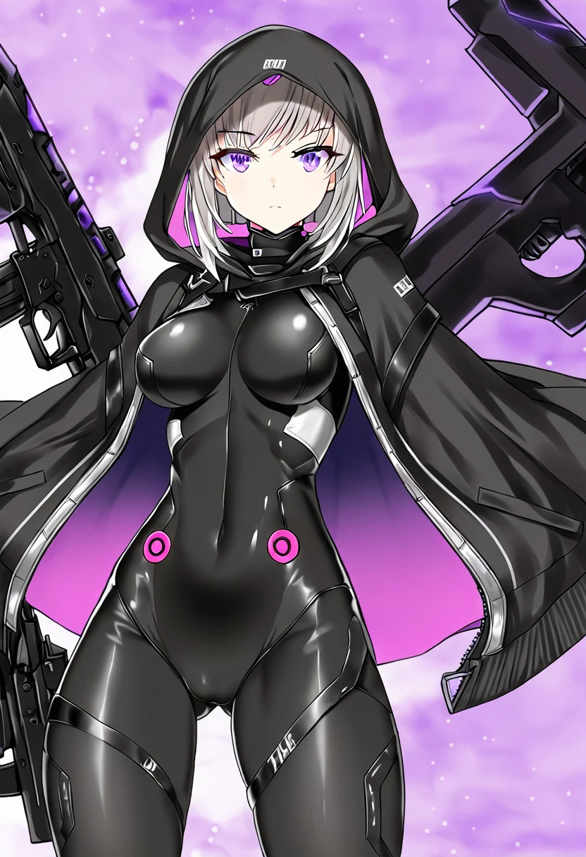 hood, jacket, body suit, black clothes, black wear, tights, weapon, cowboy shot, blue and purple eyes, 