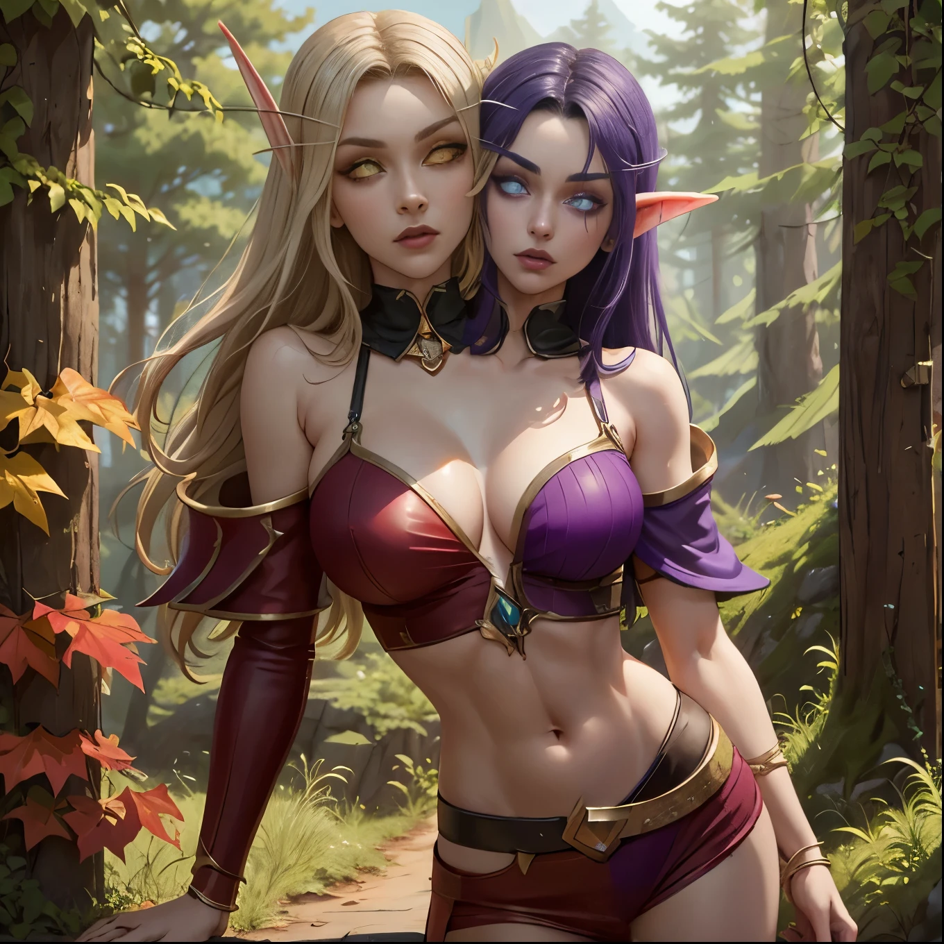 (Masterpiece, highly detailed, highly quality,  highly resolutions), body facing viewer, conjoined_dicephalus, two heads, BREAK nightelf, angry, clenched teeth, glowing eyes, blue eyes, Purple Hair, colored skin, mature female, purple midriff, navel, purple spike shoulder pad, platinum trim, green leaves, jewelry, looking at viewer, forest, night, bare shoulders, spring season